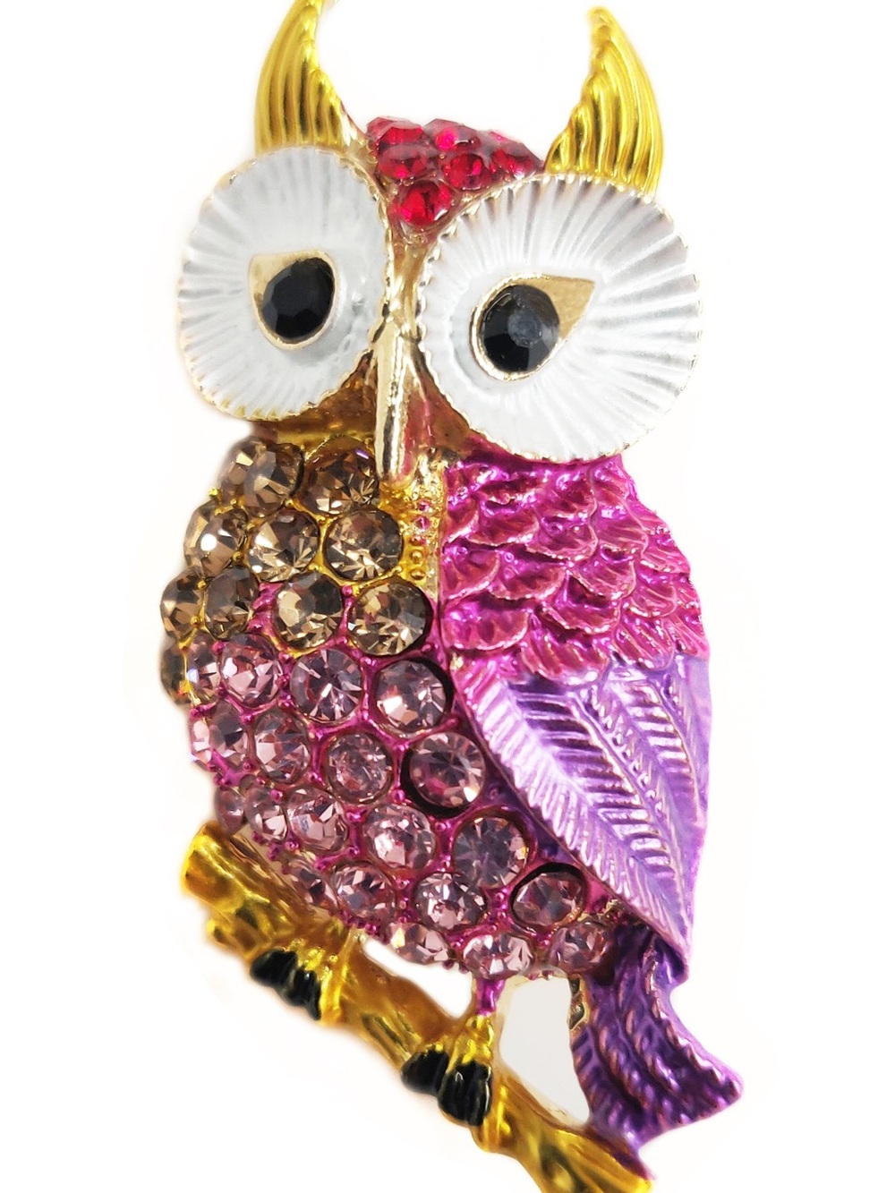 Aratta Gold-Tone Pink, Purple & Brown Crystal Owl Brooch